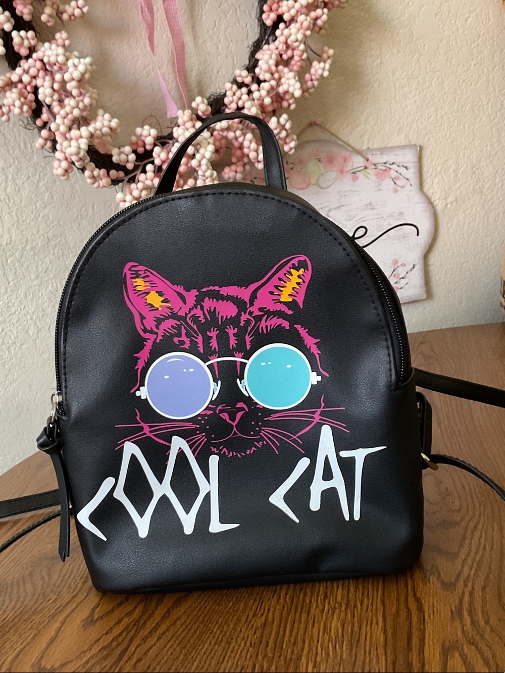 Black Faux Leather 'Cool Cat' Backpack Purse with Pink Cat Graphic